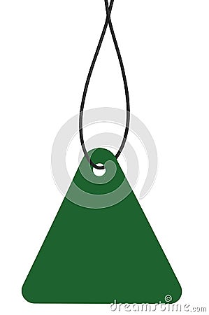 Blank Dark Green Cardboard Sale Tag And String, Empty Price Label Triangle Badge Background, Vertical Hanging Isolated Macro Stock Photo