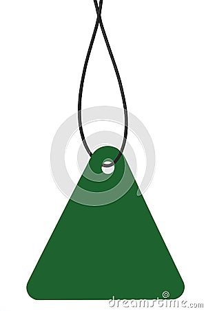 Blank Dark Green Cardboard Sale Tag And String, Empty Price Label Triangle Badge Background, Vertical Hanging Isolated Macro Stock Photo