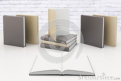 Blank diary pages and many books behind on white table at white Stock Photo