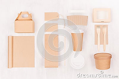 Blank different cardboard packaging for fast food - coffee cup, notebook, cutlery, sugar, spice, container and box for soup. Stock Photo