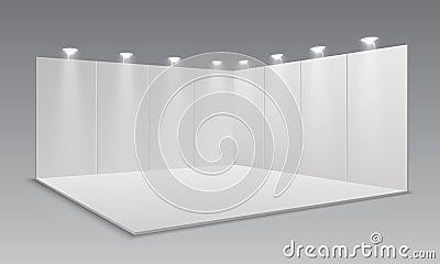 Blank display exhibition stand. White empty panels, promotional advertising stand. Presentation event room 3d template Vector Illustration