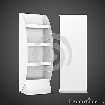 Blank display with shelves and roll up banner Vector Illustration