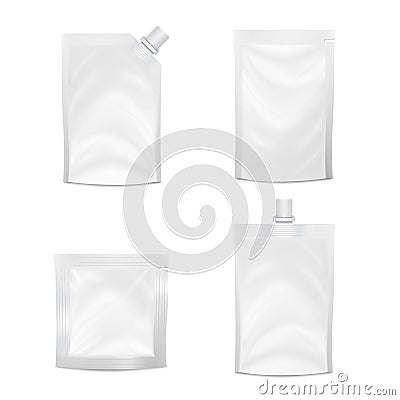 Blank Doypack Set Vector. Realistic White Doy-pack Food Or Drink Flexible Pouch. Blank Filled Retort Foil Flexible Pouch Vector Illustration