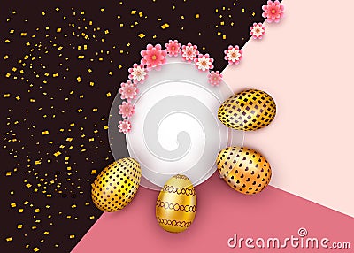 Blank Easter greeting card template design with decorated golden eggs and confetti on abstract background. Stock Photo