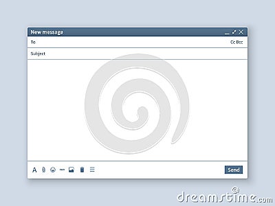 Blank email screen. Mail message interface blank mockup internet window computer, box page web software browser Vector Illustration