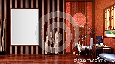 Blank empty canvas picture frame for mock up in Chinese traditional style living room, 3D Rendering Stock Photo