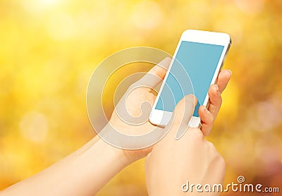 Blank empty phone device in hands of woman on nature in autumn Stock Photo