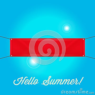 Blank Empty Red Banner. Vinyl Banner with Grommets. Hello Summer Sunny Blue Background Vector Illustration