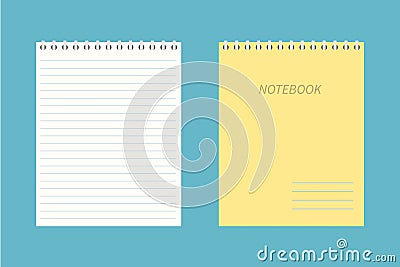 Blank empty spiral yellow Notepad, Notebook. Closed and open notebook. Vector icon in a flat style isolated on a blue background. Vector Illustration