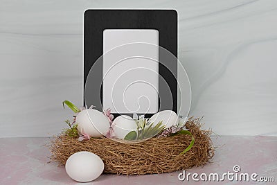 Blank empty white poster sign with no words in a black wood frame sitting in a bird nest with eggs Stock Photo