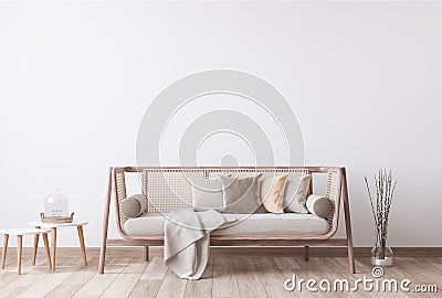 Blank empty white wall in stylish modern wooden living room. Scandinavian style. Rattan home decor. Stock Photo