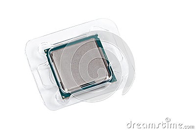 Blank factory new modern gaming cpu in plastic box retail packaging top view isolated on white, silver lid. Brand new cpu Stock Photo