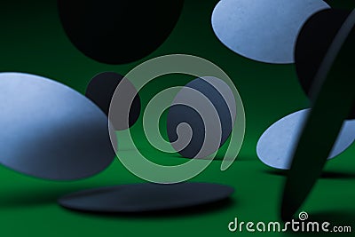 Blank Falling Black Round Beer Coasters Templates on Green Background. Copy Space. Empty Space, 3d rendering Stock Photo