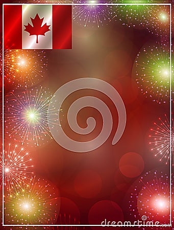Blank Festive Menu with fireworks. Advertising Banner for Christmas Holidays with flag of Canada. Bright illustration. Cartoon Illustration
