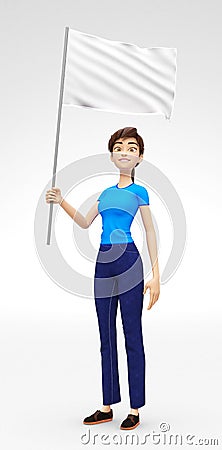 Blank Flag or Banner Mockup Held by Smiling, Happy and Proud Jenny - 3D Cartoon Female Character in Casual Clothes Stock Photo