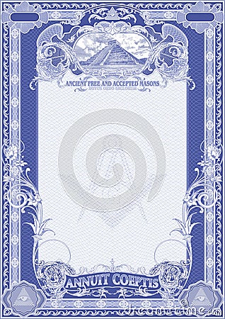 Vertical form for creating certificates, diplomas, bills and other securities. Classic design with Masonic symbols in blue. Stock Photo