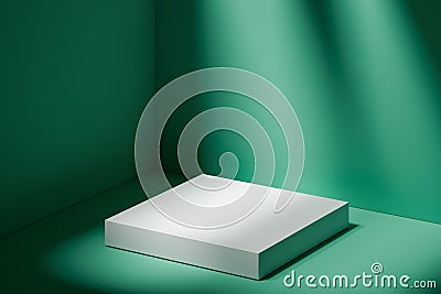 Blank Foursquare Showcase with Empty Space On Pedestal on Green Background. 3d rendering. Minimalism concept Stock Photo