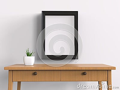 Blank frame canvas with wood table mockup Stock Photo