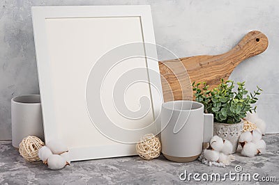 Blank frame for lettering or advertising design on a light background with kitchen utensils. Advertising logos, fonts, Stock Photo