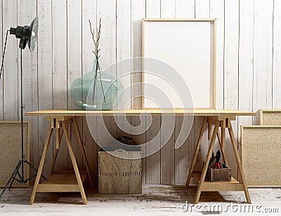 Blank frame mockup on the desk Stock Photo