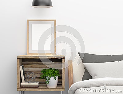 Blank frame mockup on bedroom side table Stock Photo