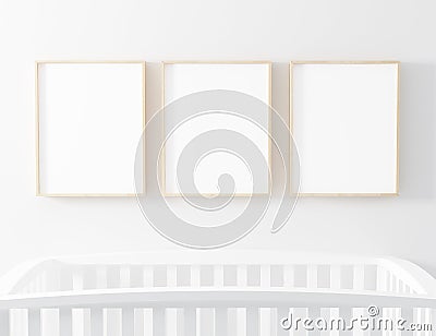 Blank Frame Nursery Mockup with baby cot Stock Photo