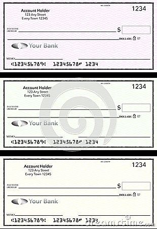 Blank generic bank checks, three of them in different colors are isolated on the background Cartoon Illustration