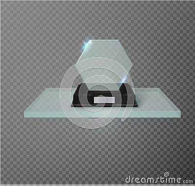 Blank glass award trophy on a transparent background.glass shelf. Vector Illustration