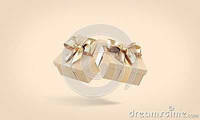Blank gold gift box with ribbon mockup, no gravity Stock Photo