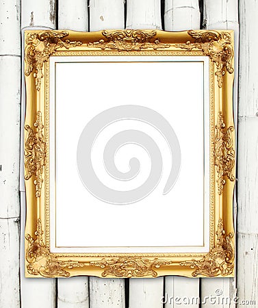 Blank golden frame on colorful bamboo wall Stock Photo