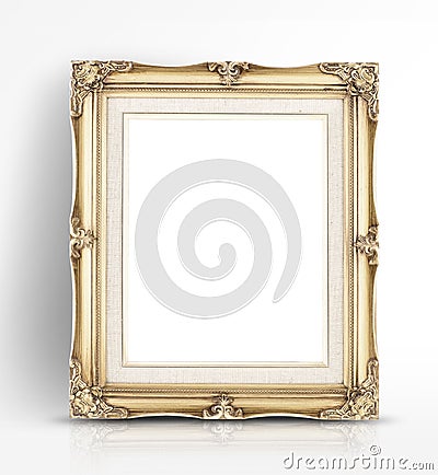 Blank golden vintage photo frame lean at wall in glossy white st Stock Photo