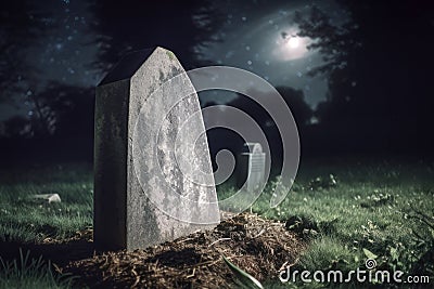 A blank gravestone rises from the lush grass of a cemetery at night, lit by a moonlight. Generative AI Stock Photo