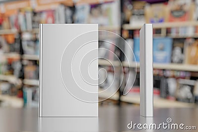 Blank gray hardcover book on bookstore showcase. 3D rendering. Cartoon Illustration