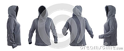 Blank gray hoodie with raised hood leftside, rightside, frontside and backside isolated Stock Photo