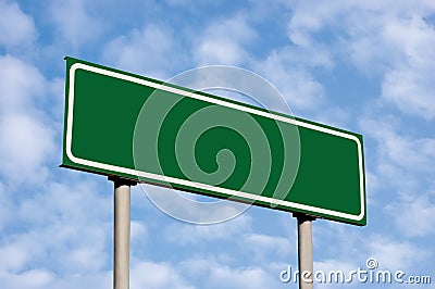 Blank Green Road Sign, Against Light Cloudscape, Summer Sky And Clouds, Large Detailed Closeup, White Frame Copy Space Stock Photo