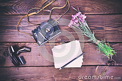 Blank greeting card and old vintage film camera Stock Photo