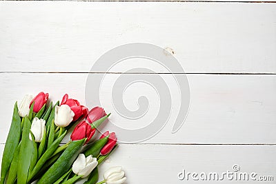 Blank greeting card with tulips flowers on white wooden table. Romantic wedding card, greeting card for womans or mothers day, bir Stock Photo