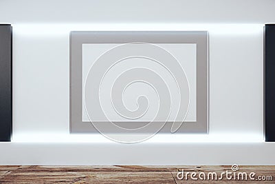 Blank grey picture frame on white wall in empty room with wooden Stock Photo