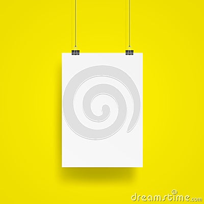 Blank Hanging poster with clip and wire mockup vector on yellow Vector Illustration