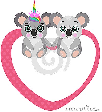 Blank heart label sticker with cute couple of koalas Vector Illustration