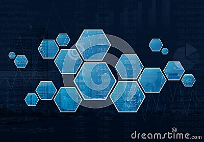 Blank hexagon shape virtual technology screen over graph and cit Stock Photo