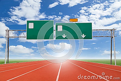 Blank highway and road sign with Running track green grass and Stock Photo