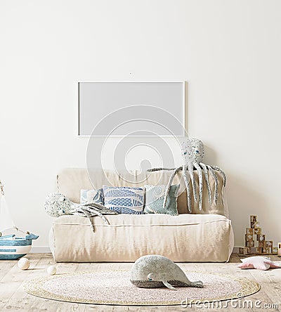 Blank horizontal frame mock up in kids room interior background with bed and soft toys, 3d rendering Stock Photo