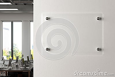Blank horizontal transparent glass sign plate on the white wall in office. Cartoon Illustration