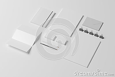 Blank identity stationery set isolated on white. Mockup concept for graphic designers presentations and portfolios. 3d render Stock Photo