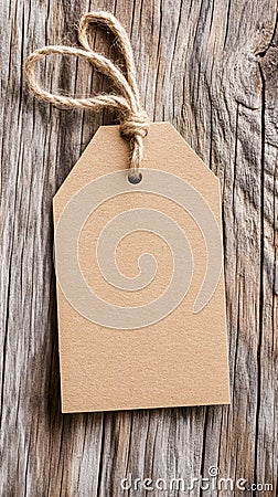 Blank Kraft Paper Tag With Rustic String Loop Resting on Weathered Wood Surface Stock Photo