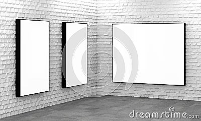 Blank light boxes on white brick wall Cartoon Illustration