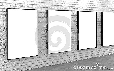 Blank lightboxes on white brick wall Cartoon Illustration