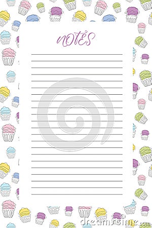 Blank lined note paper with a colorful cupcake border. Continuous one line drawing style. Vector illustration. Perfect Vector Illustration