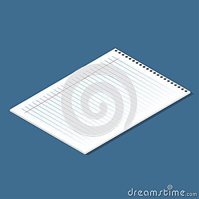 Blank lined paper sheet, isometric. Sheet from school notebook Vector Illustration